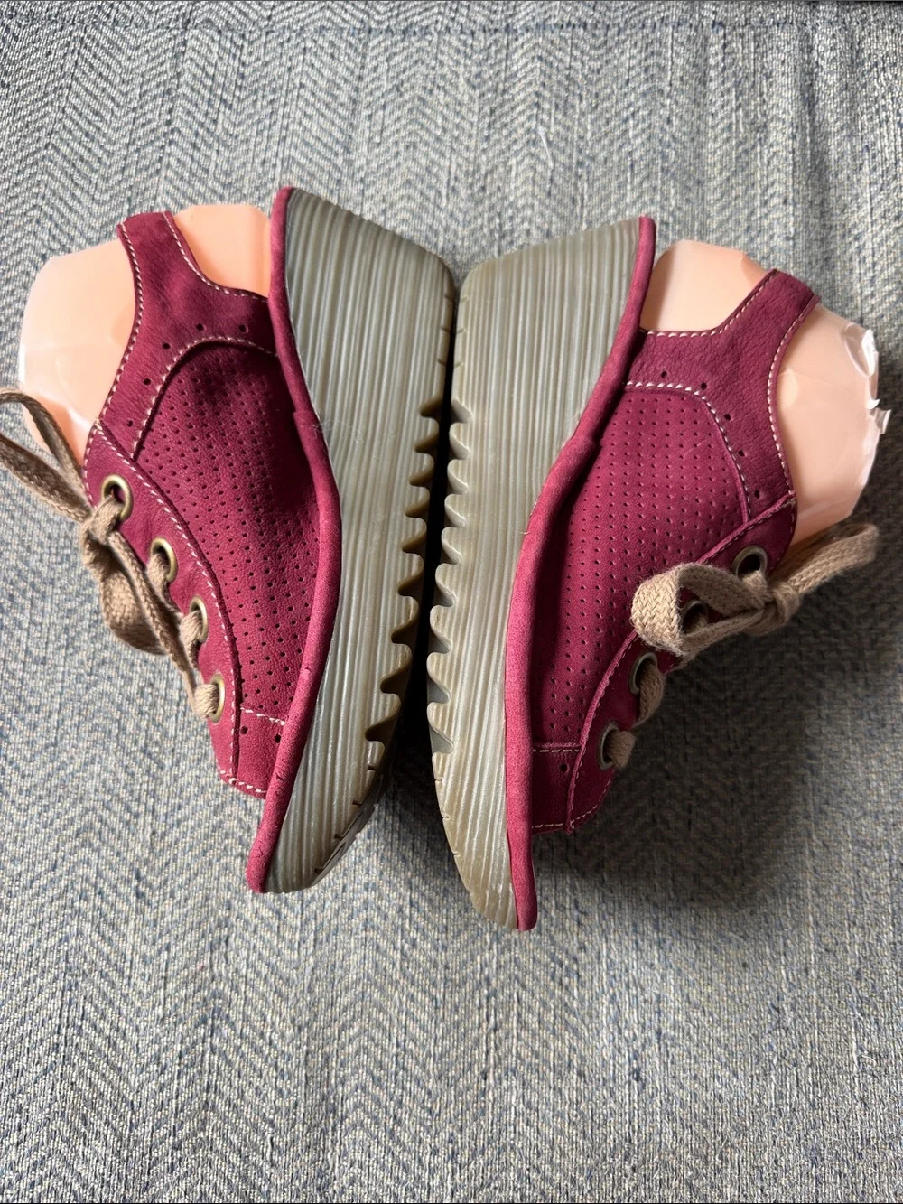 Fly London Women’s Perforated Magenta Rose Leather Lace Up Wedge Sandals Sz: 38